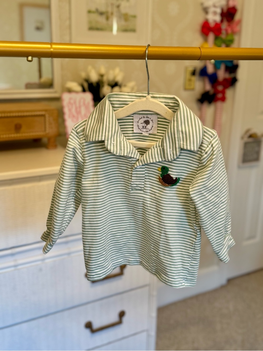 Green Striped Long-Sleeve Polo Top with Duck Applique - Kids